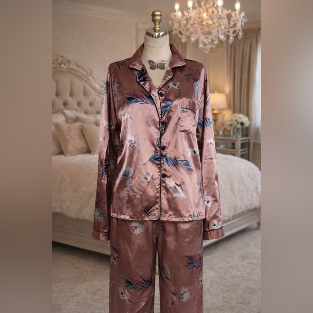 Silky Pink Pajama Set with Floral Design